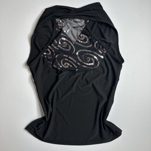 Y2K Black Halter Top Mesh Sequin Swirl Backless Goth Glam Stretchy XS/S Club - Picture 5 of 11